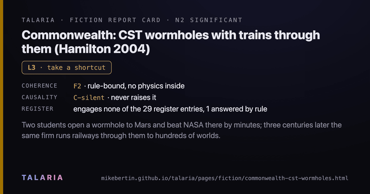 Report card: Commonwealth: CST wormholes with trains through them (Hamilton 2004)