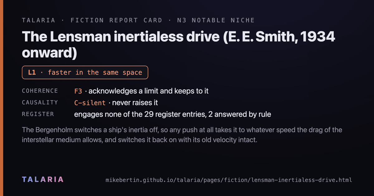 Report card: The Lensman inertialess drive (E. E. Smith, 1934 onward)