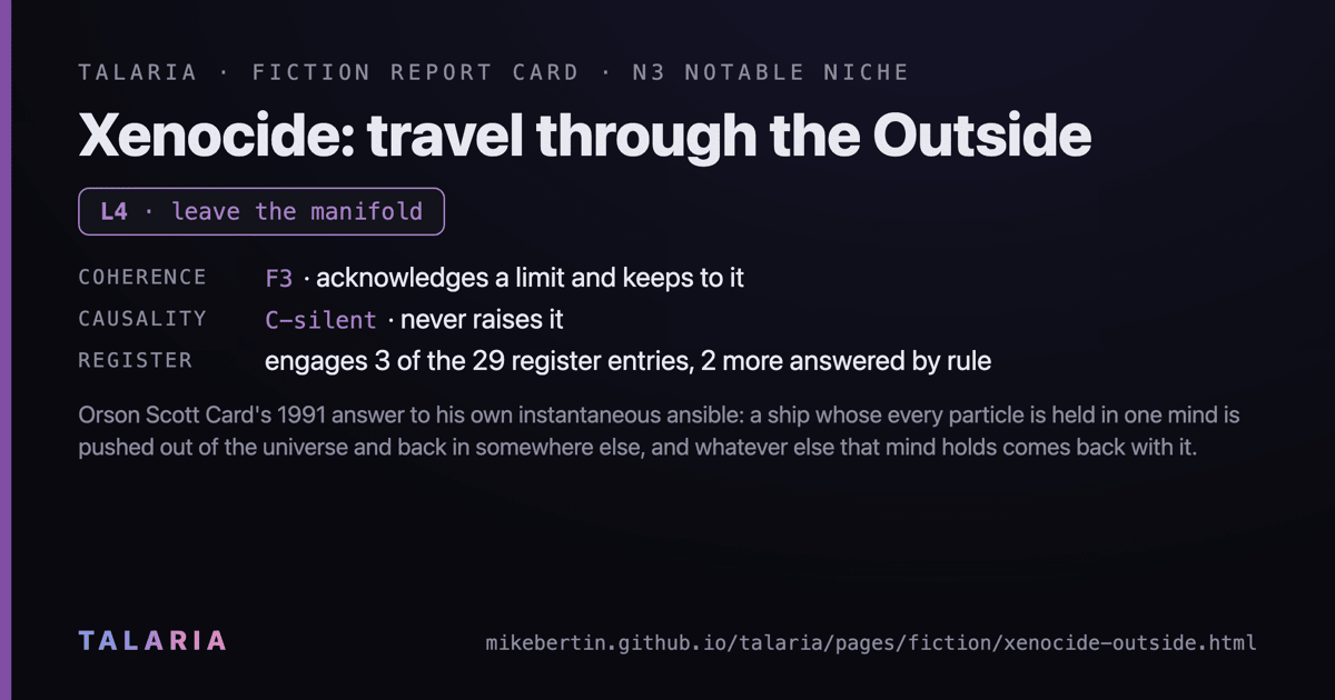 Report card: Xenocide: travel through the Outside